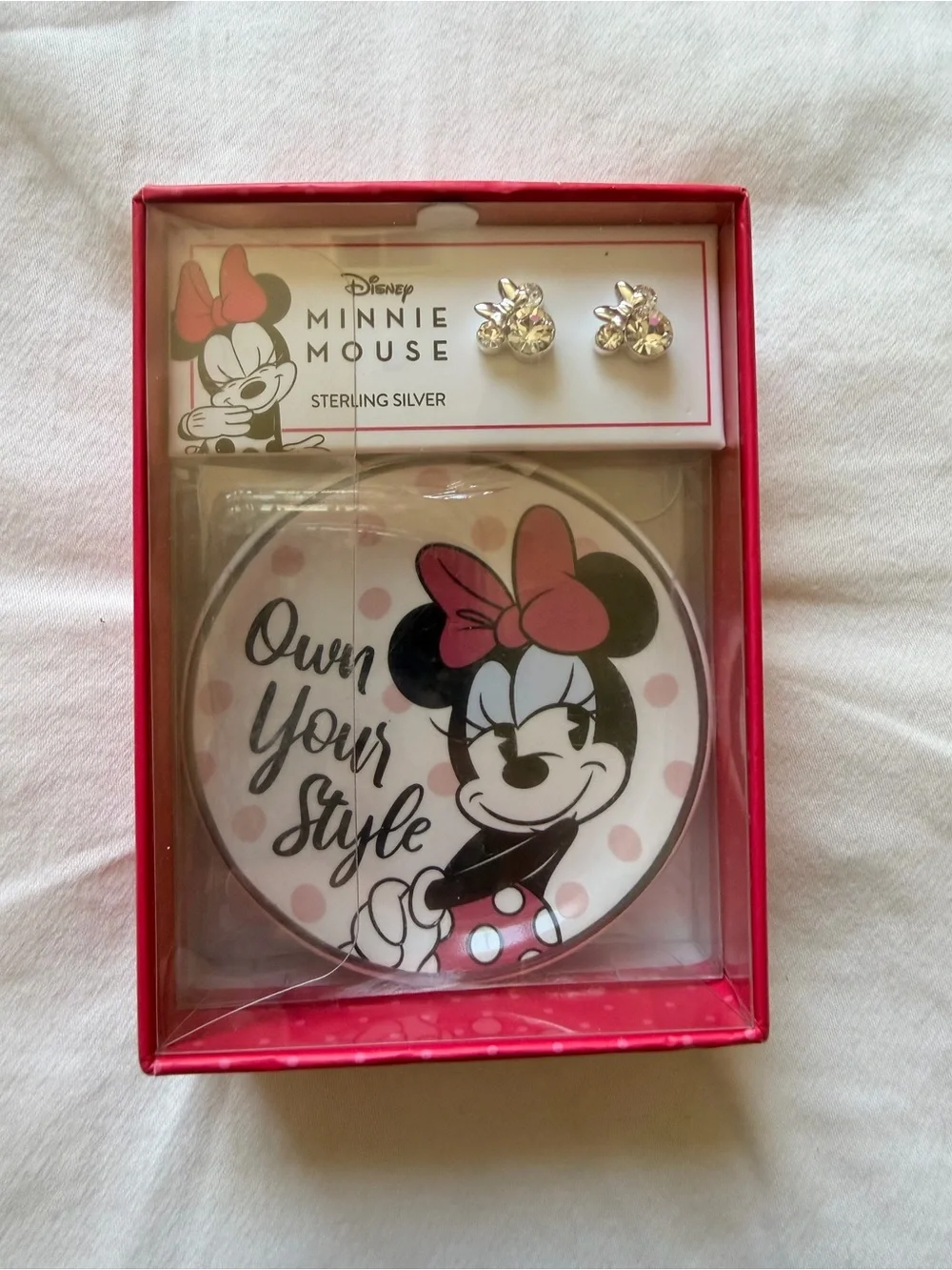 Disney Minnie Mouse Sterling Silver Earrings and Pink Bow Compact